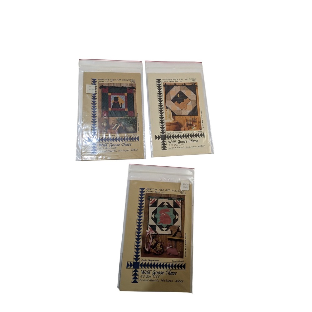 Wild Goose Chase Primitive Folk Art Quilt Patterns Cat Bear Bunny Lot of 3 1982